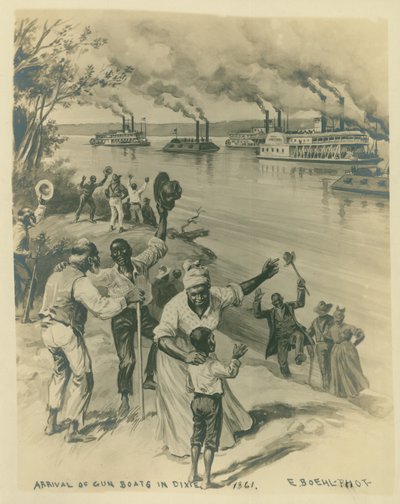 People Celebrating on the Shore of a River with a Fleet of Gunboats by Unknown